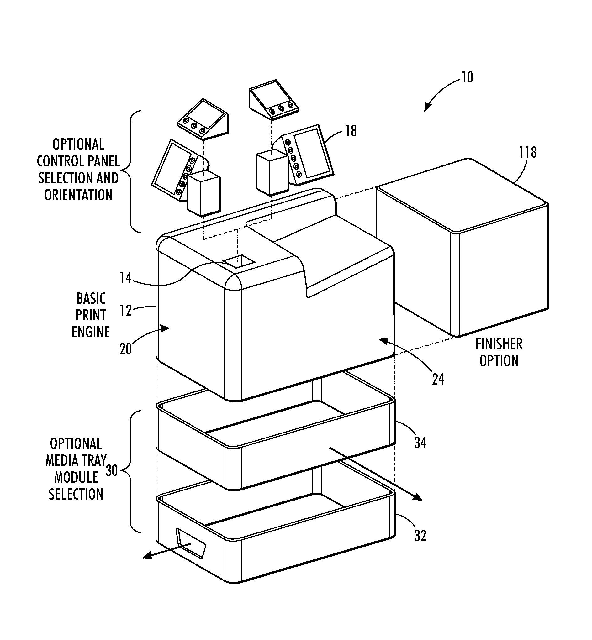 Printer architecture enabling narrow or wide front facing orientation