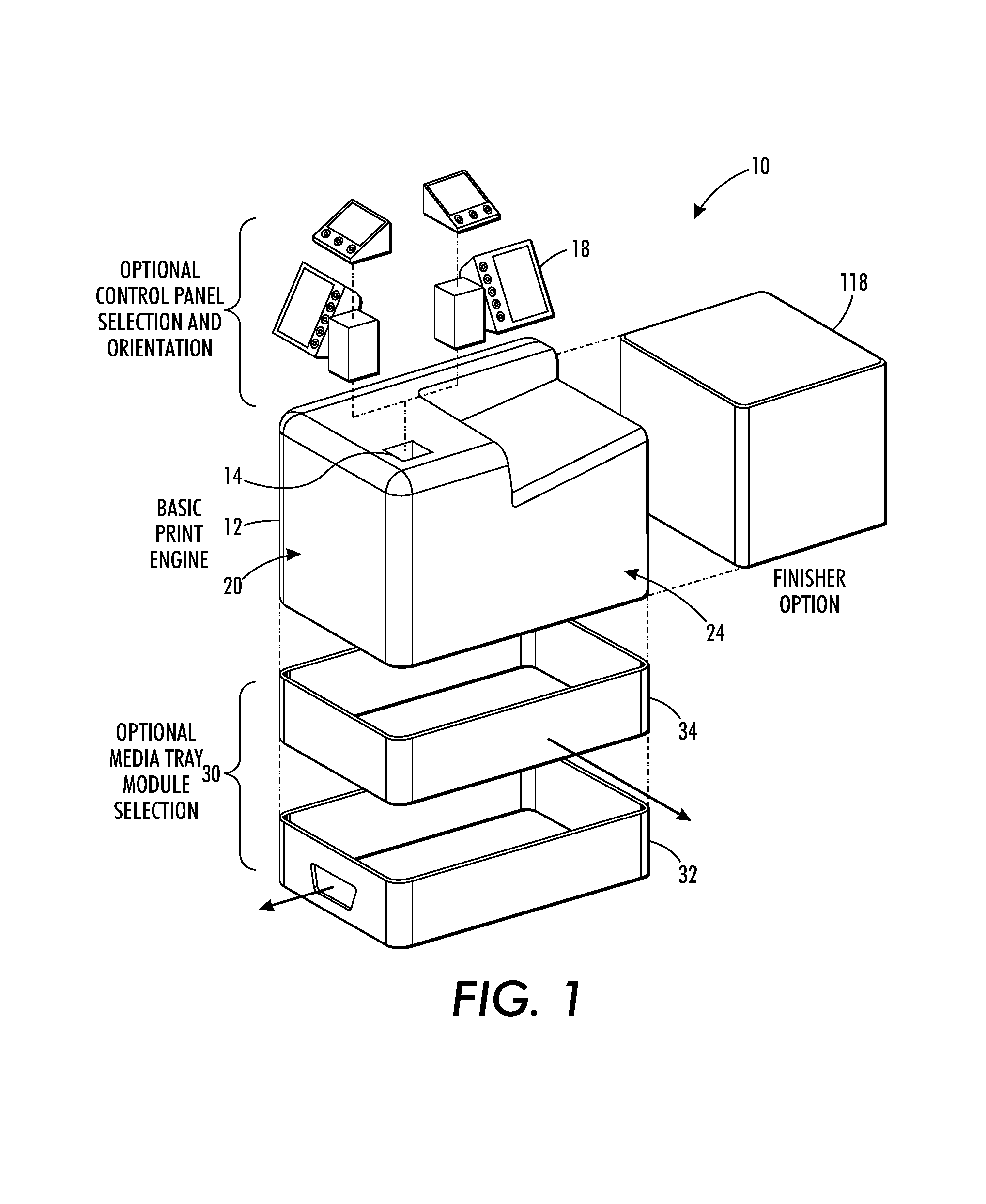 Printer architecture enabling narrow or wide front facing orientation