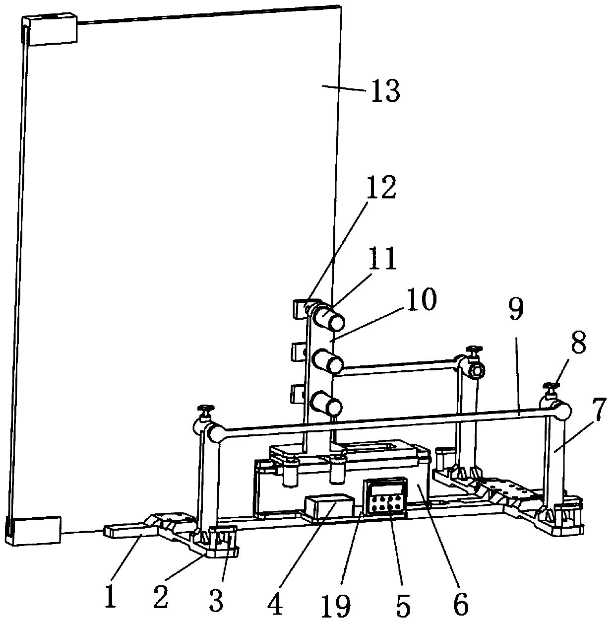 Auxiliary device for installation of aluminum alloy ground spring door used for glass curtain wall construction