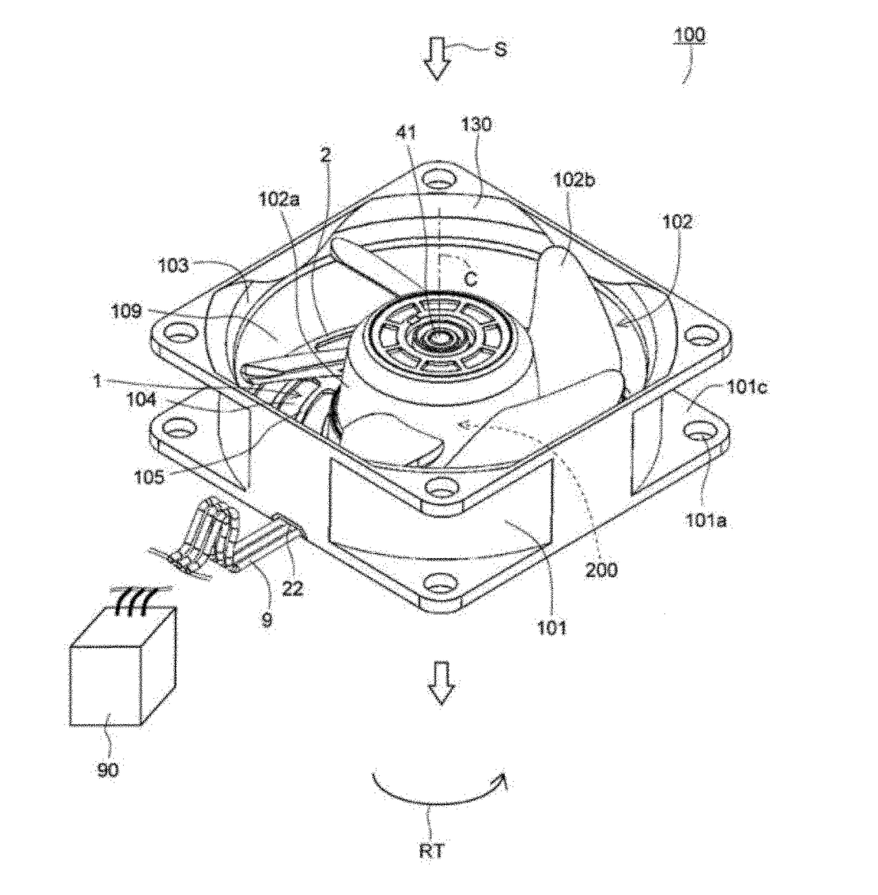 Base unit, motor, and air blowing device