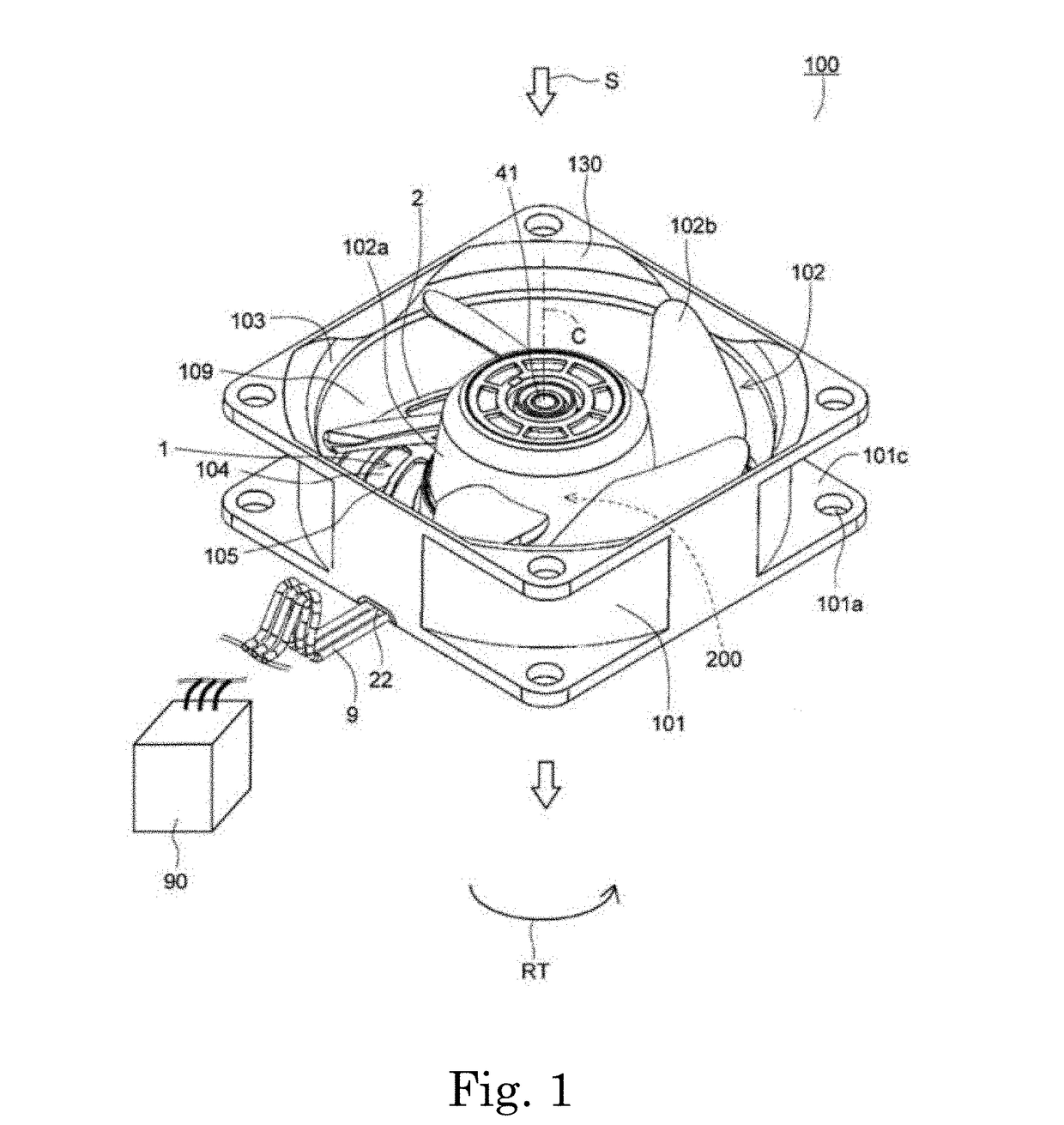 Base unit, motor, and air blowing device