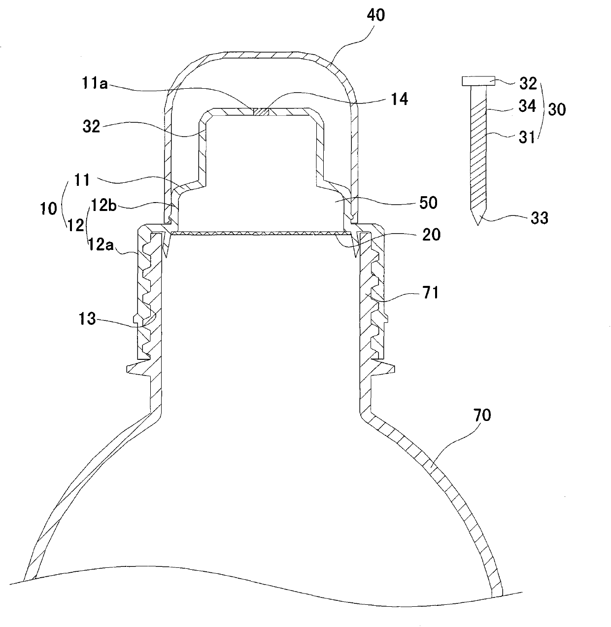 Bottle cap component and container bottle with same