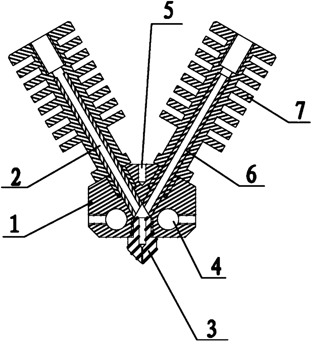 Three-dimensional (3D) printing nozzle module for plastic fibers with three-primary colors and two-selected colors