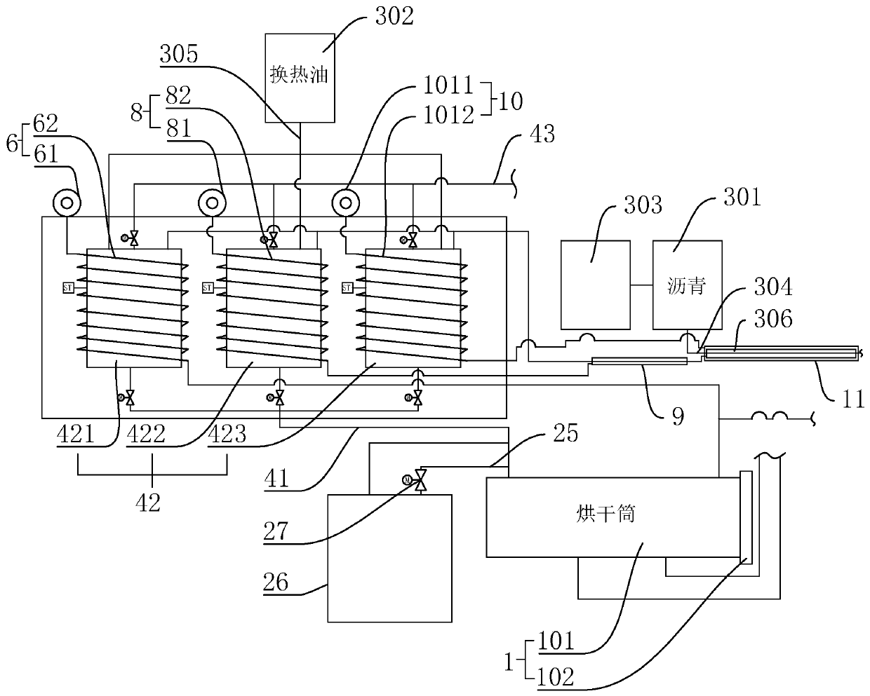 Flue gas heat energy recycling system applied in production process of bituminous concrete