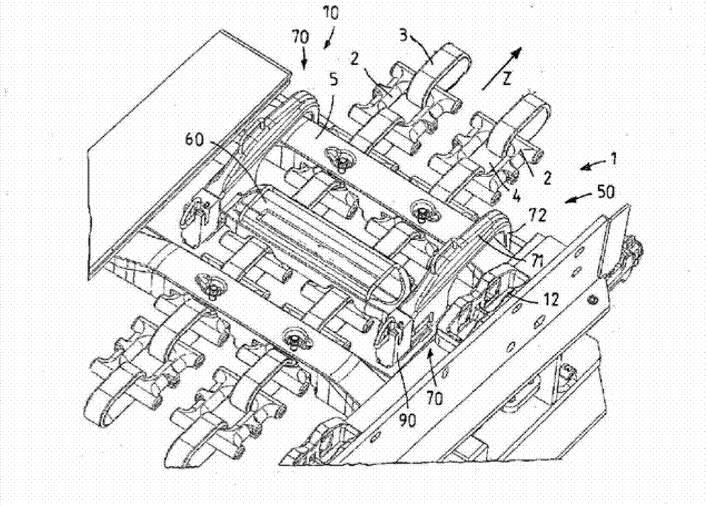 Multipart chain fixing device, trough element and parts for the same