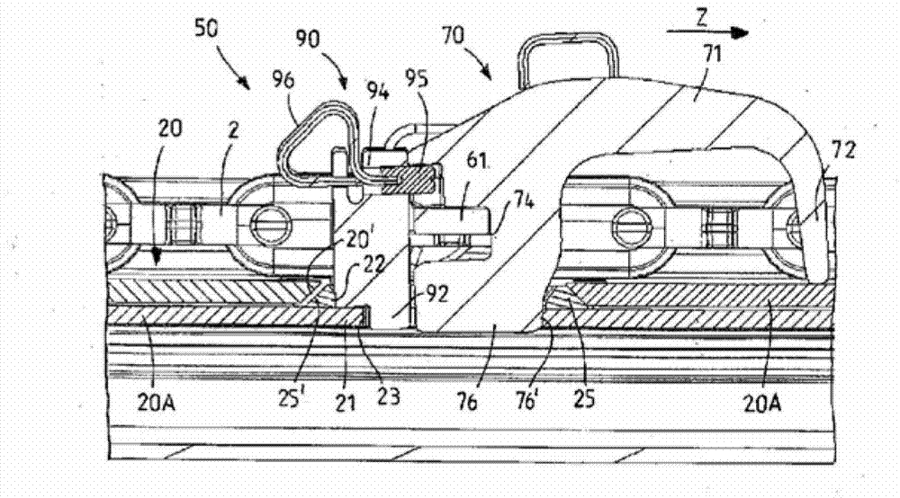 Multipart chain fixing device, trough element and parts for the same