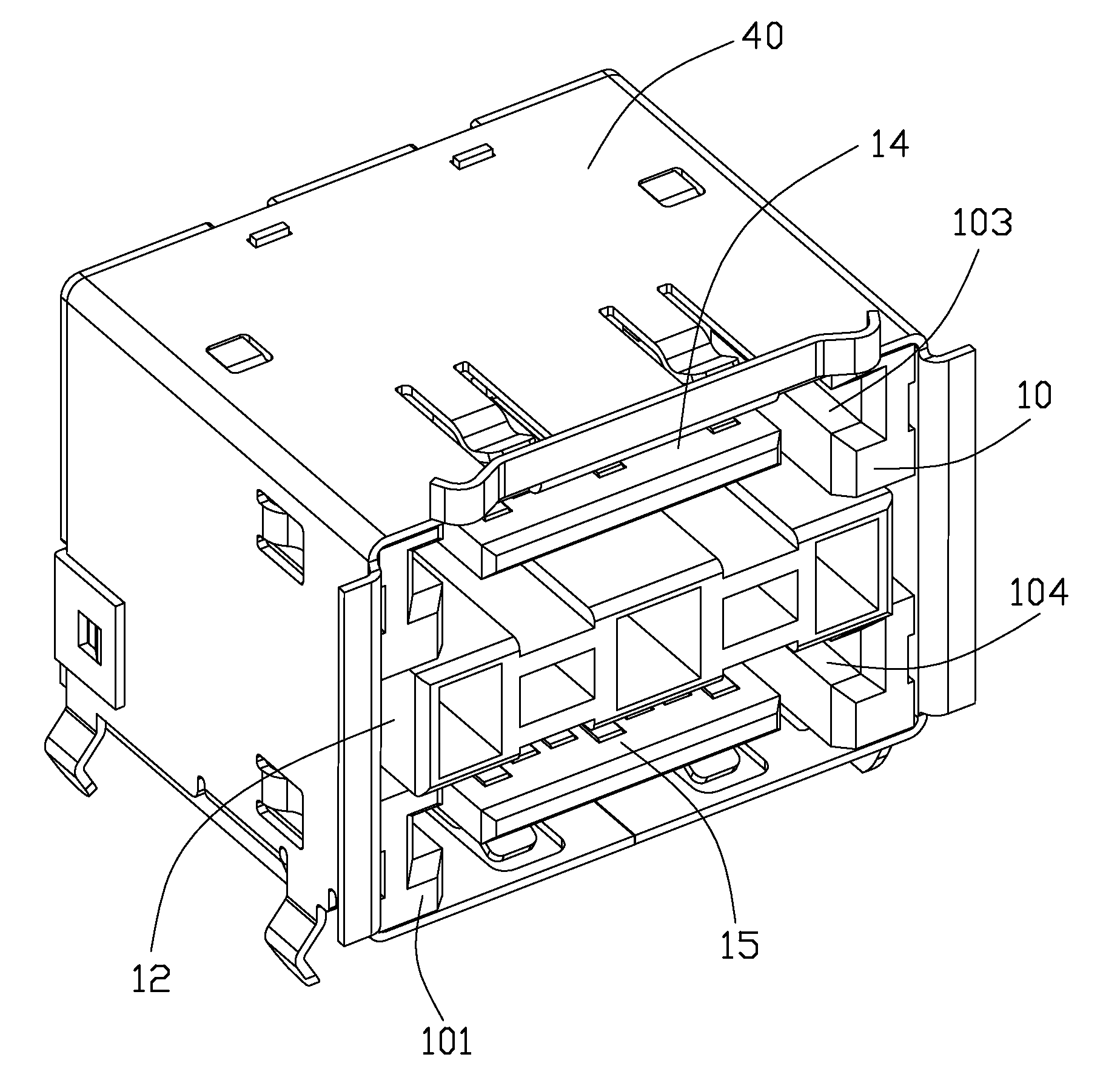 Stacked electrical connector with a new type of spacer