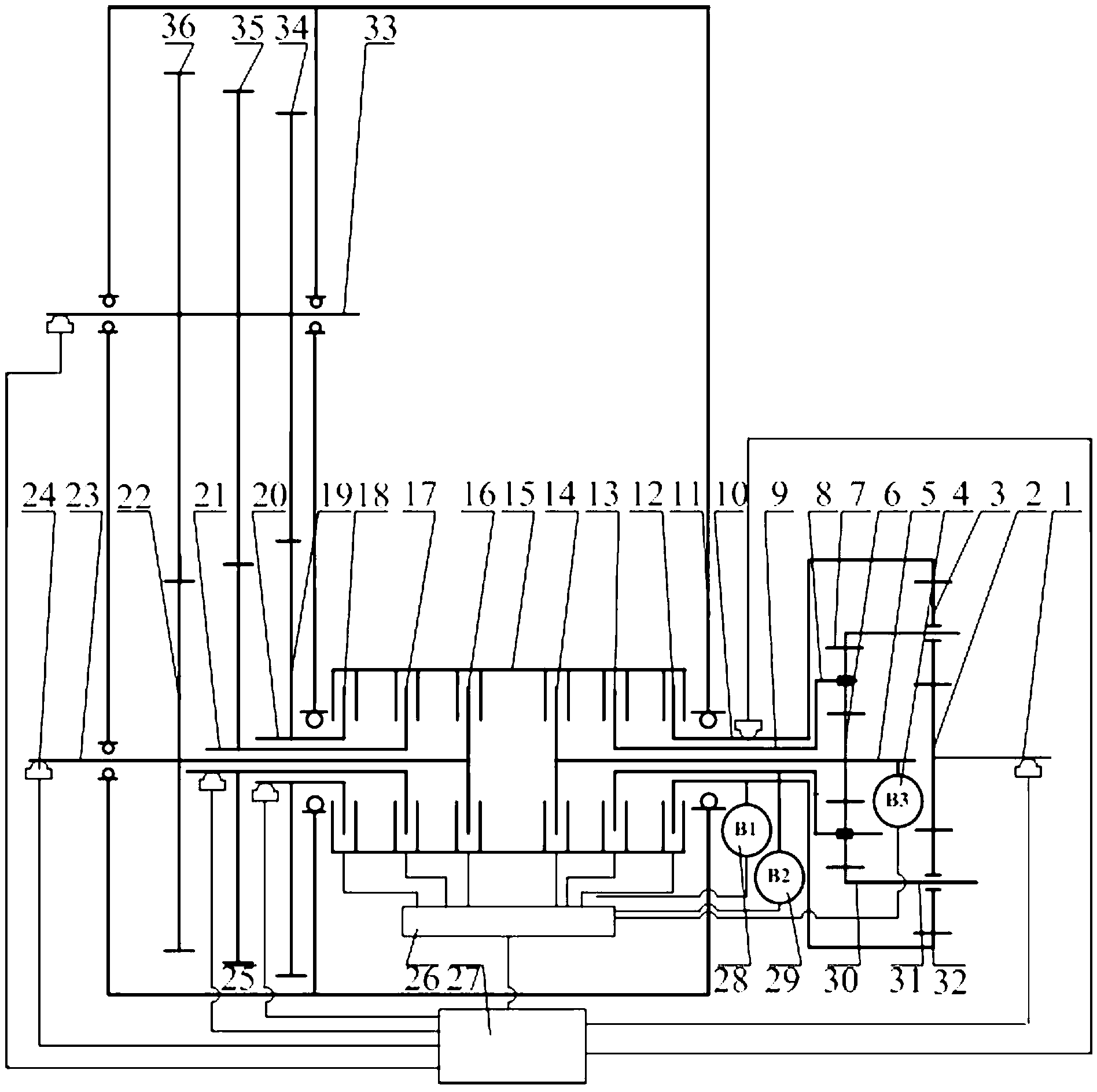 Double-planet-row converging type multi-gear multi-clutch transmission