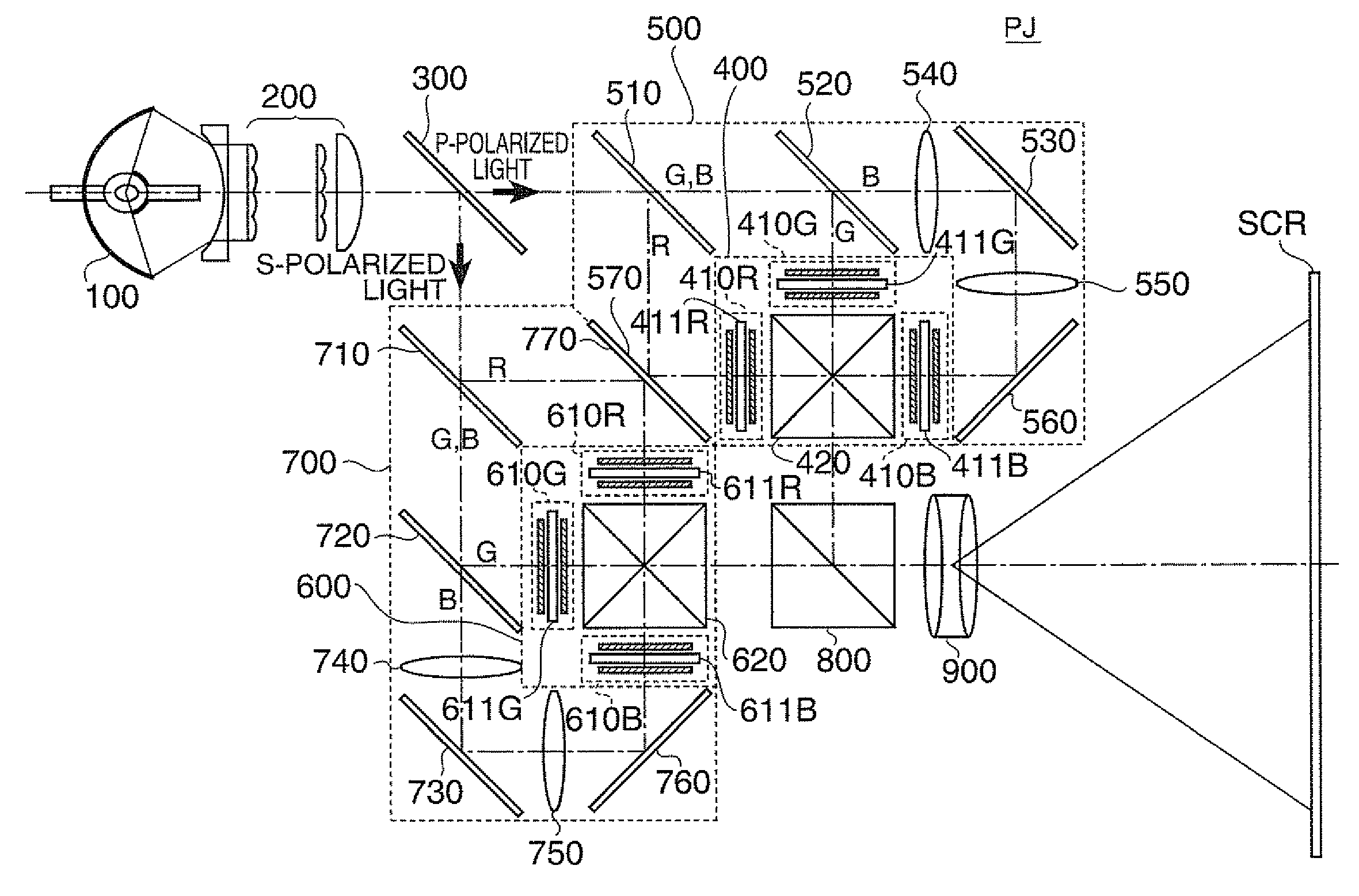 Light modulation element positioning method for projector, and projector