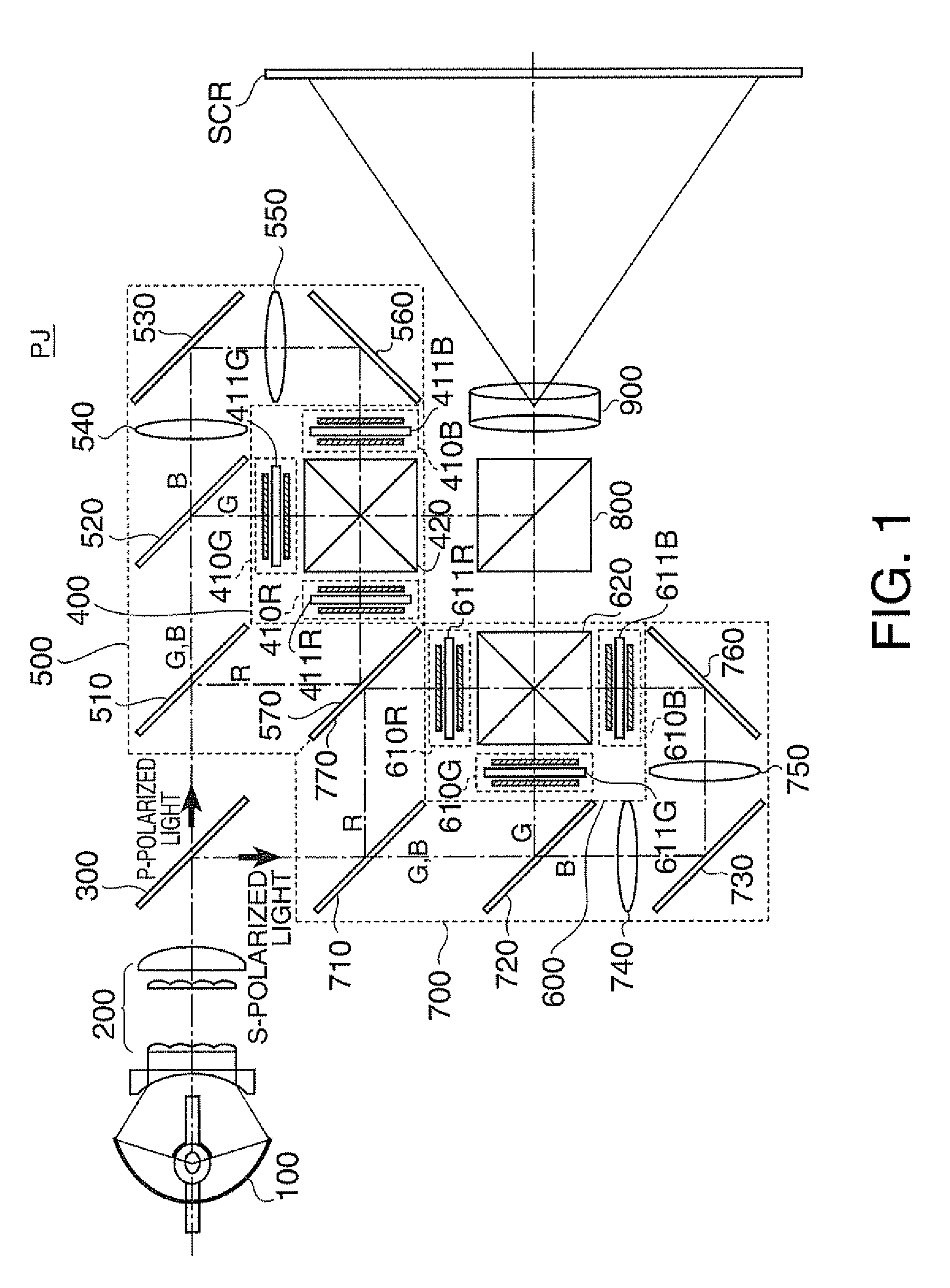 Light modulation element positioning method for projector, and projector