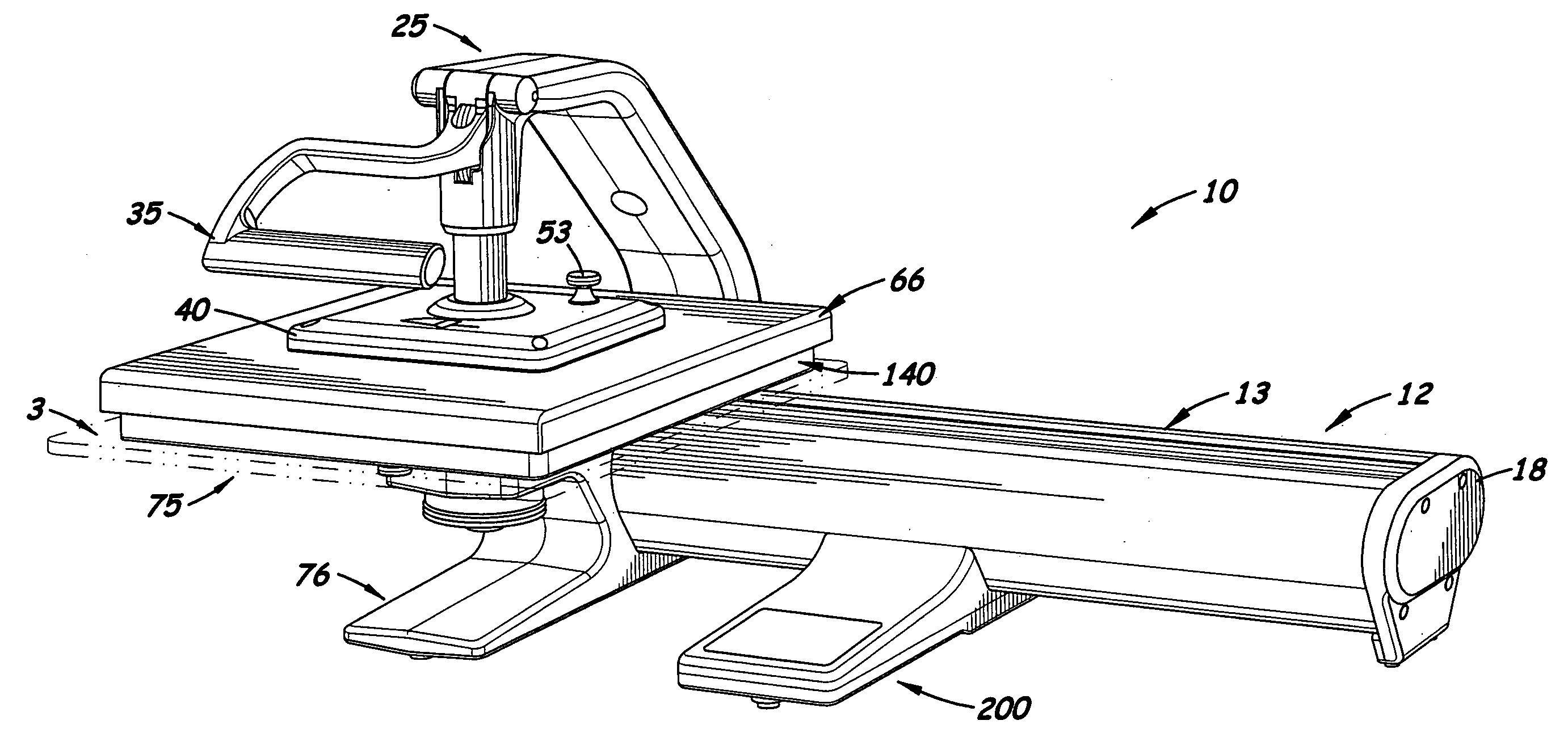 Lateral heat press with long sleeve lower platen