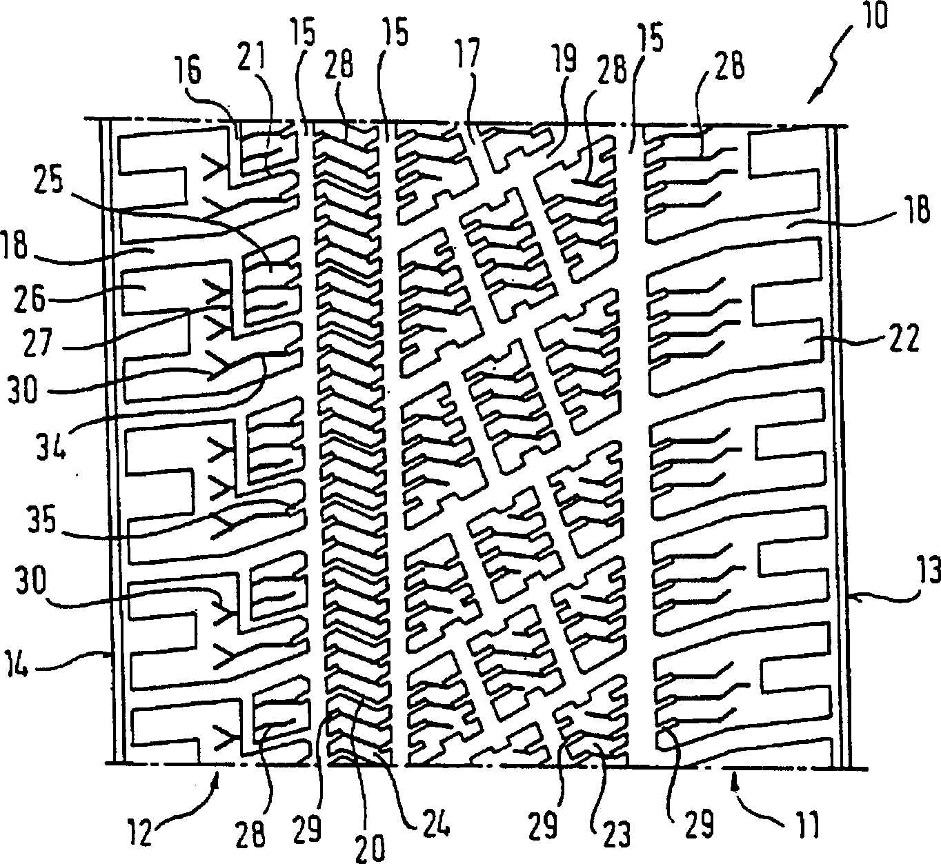 Tread profile for vehicle tyre and tyre in winter with the thread