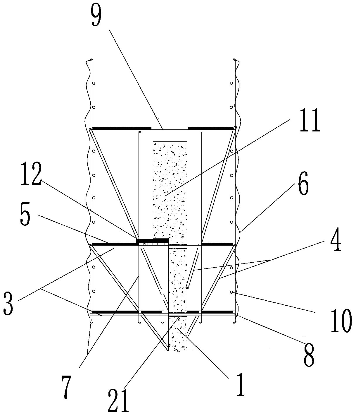 Erecting structure and erecting method for top ring beam construction platform of concrete silo