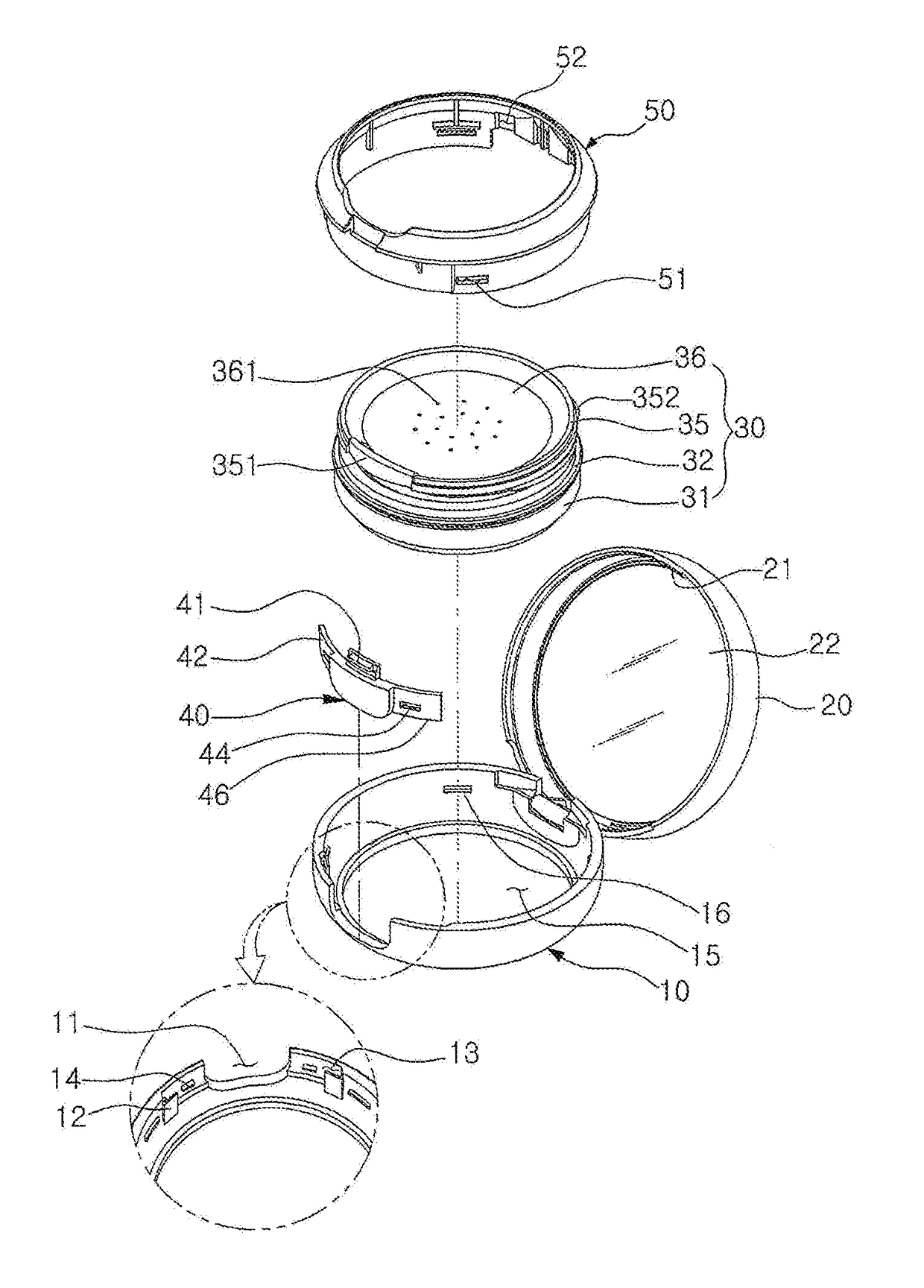 Compact container having button member enabling easy assembly