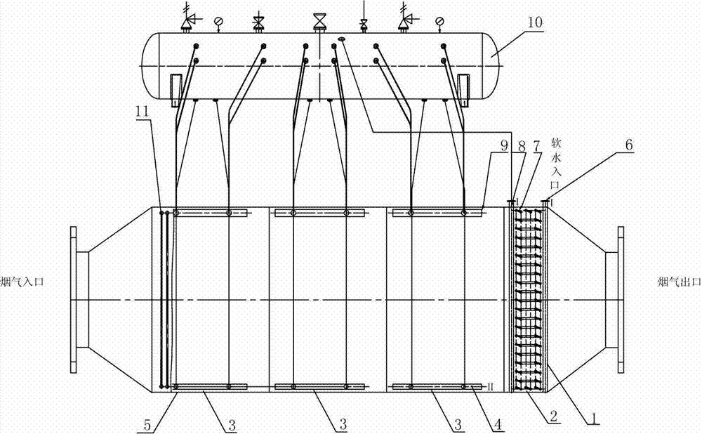 Radial heat tube-ordinary heat exchange tube combined type waste heat recovery device for flue tail gases