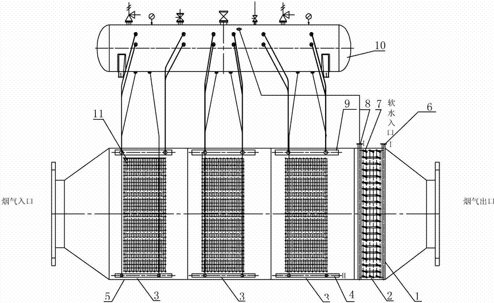 Radial heat tube-ordinary heat exchange tube combined type waste heat recovery device for flue tail gases