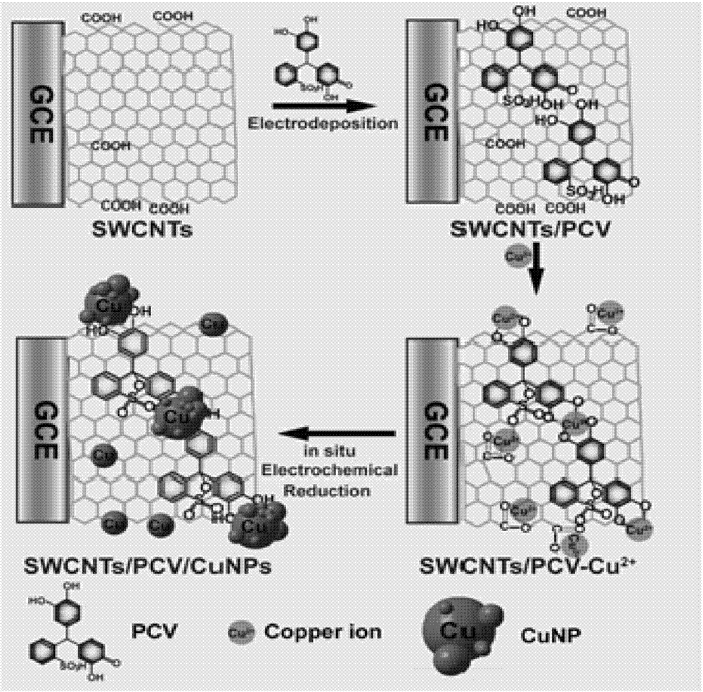 Copper nanoparticle/pyrocatechol violet/carbon nanotube-modified electrode and application thereof