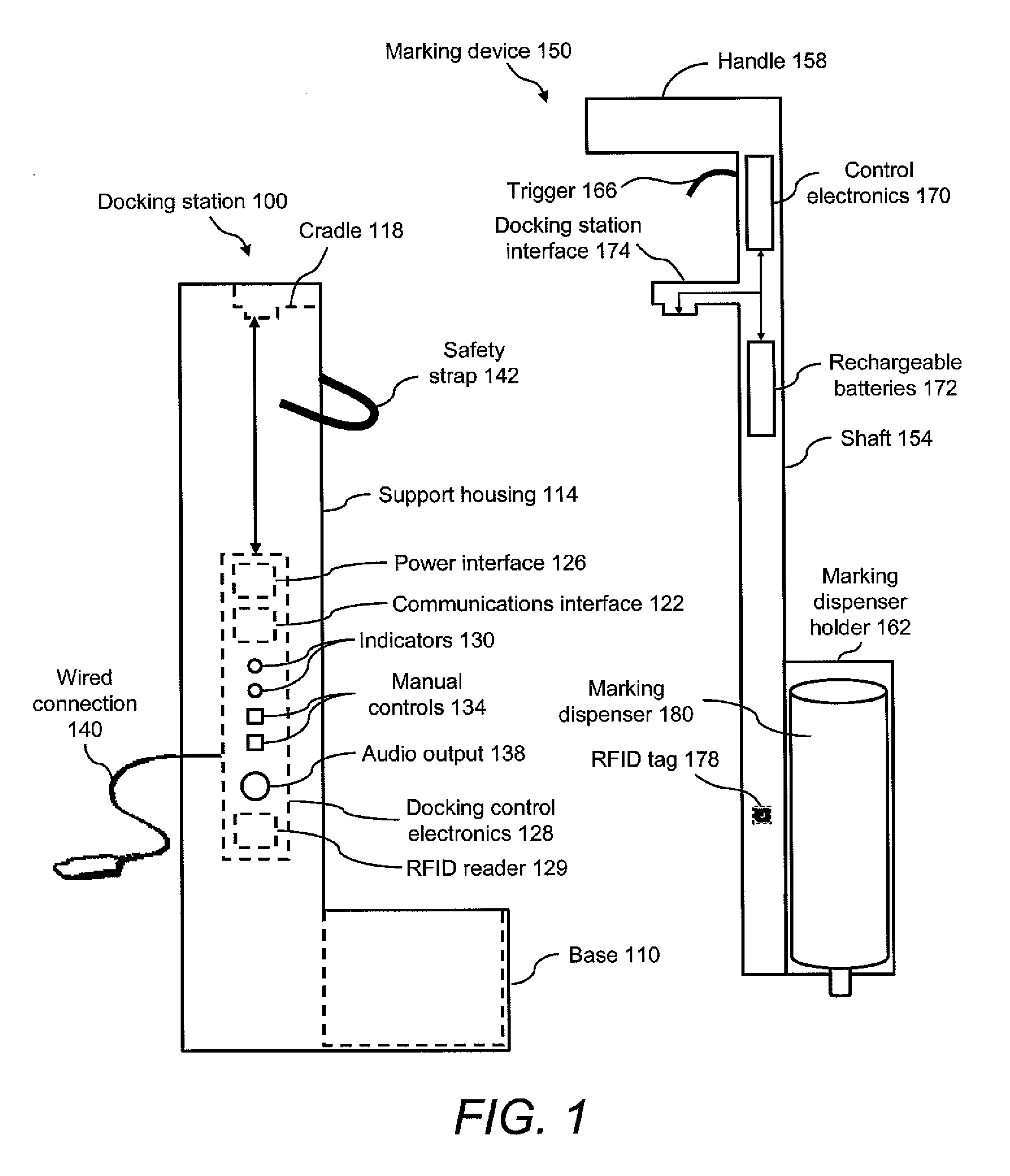 Marking device docking stations having security features and methods of using same