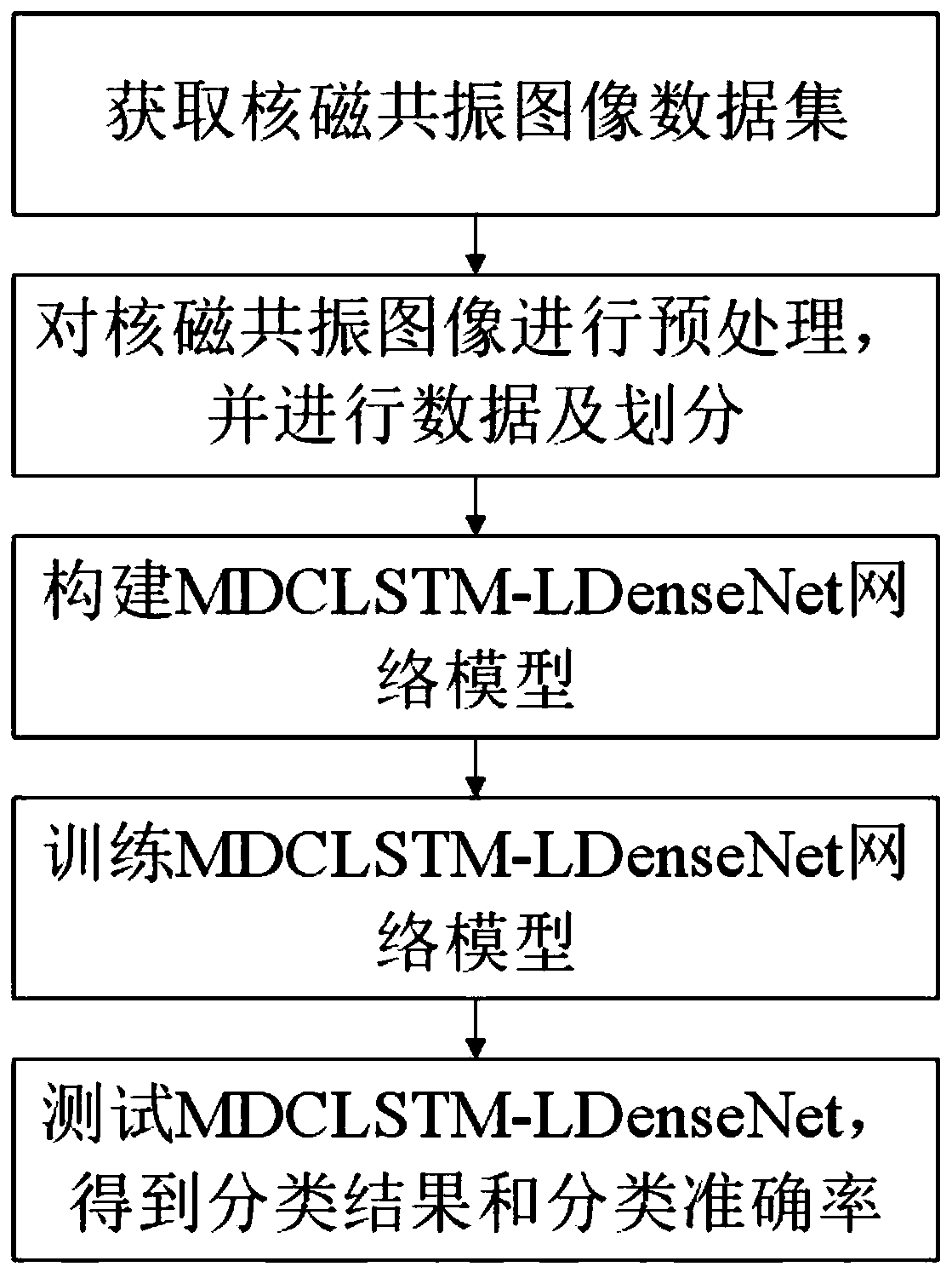 Nuclear magnetic resonance image automatic classification method and nuclear magnetic resonance image automatic classification device based on MDCLSTM-LdenseNet network