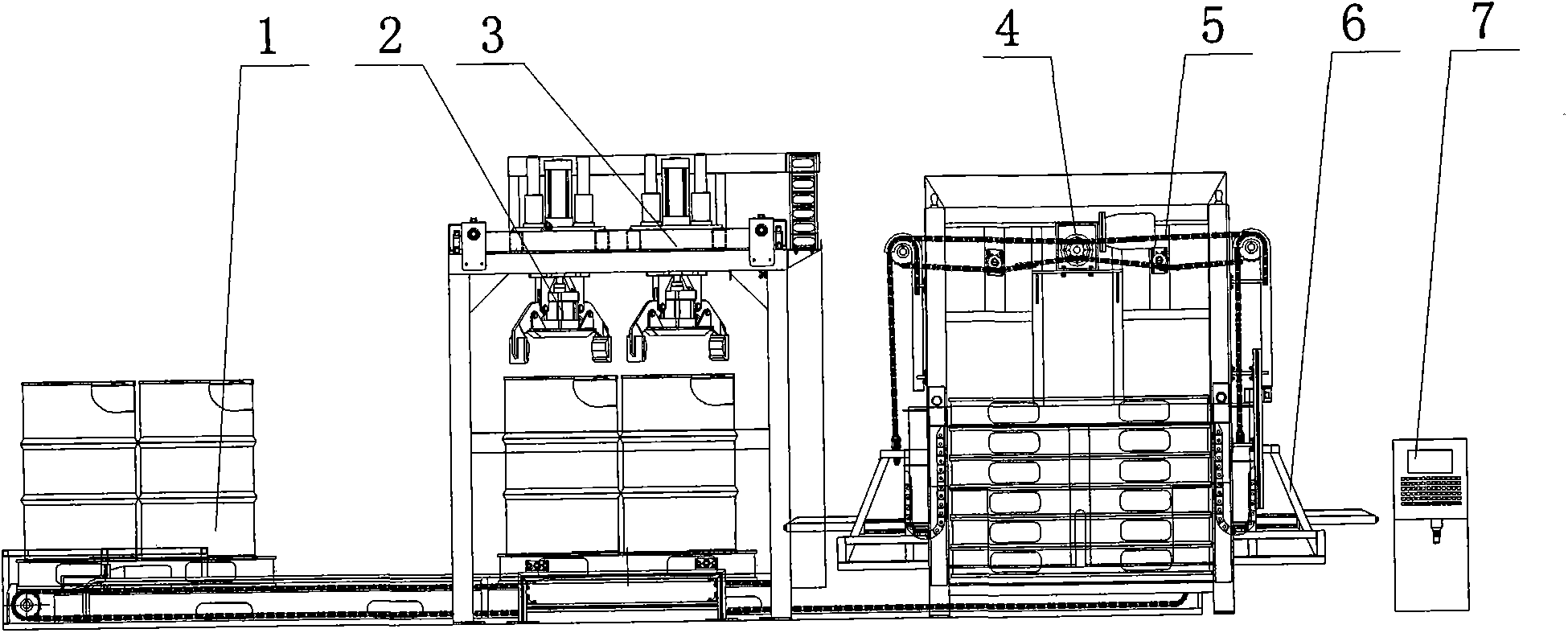 Full-automatic 200L steel drum transfer type stacking system and transfer stacking method thereof