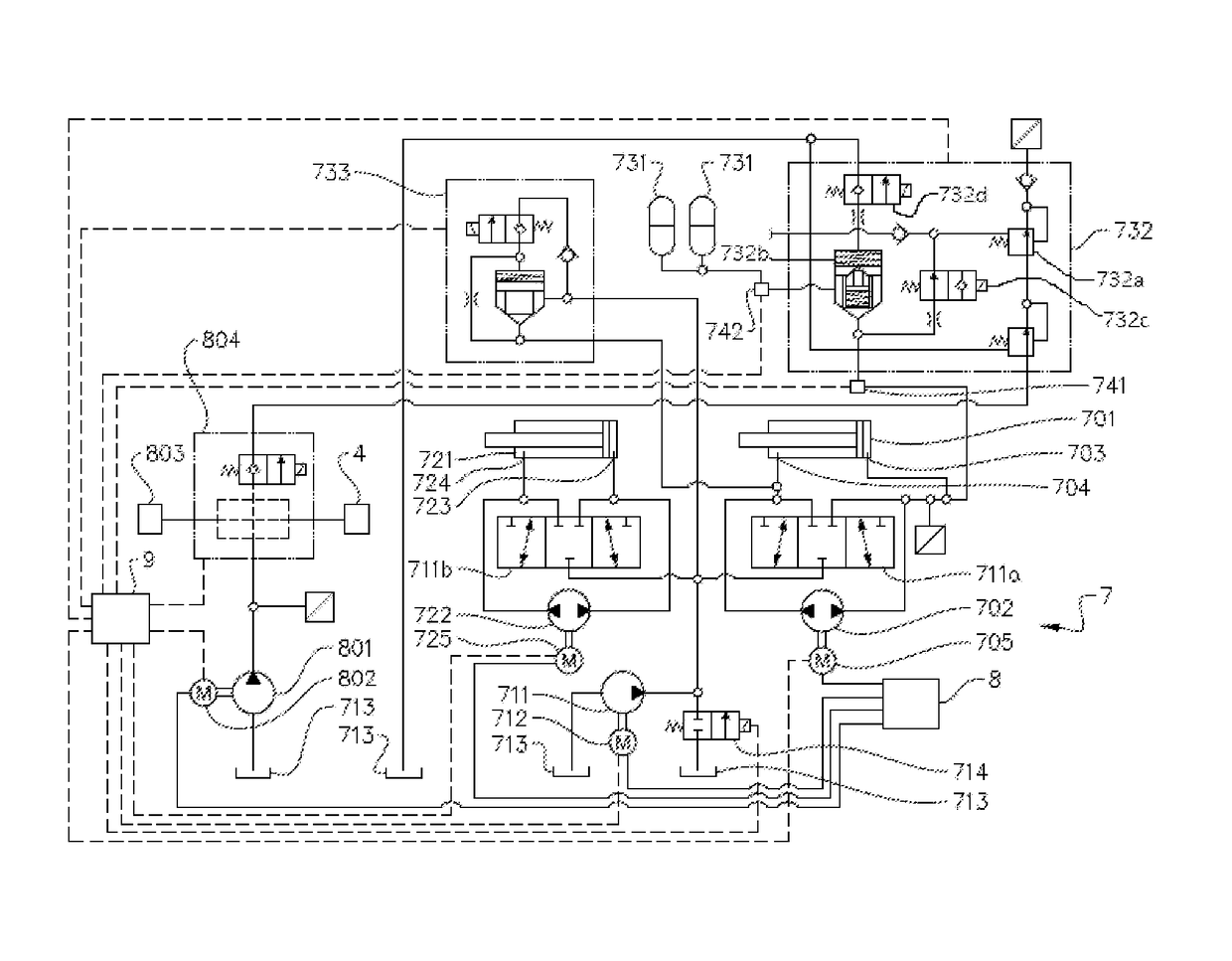 A hydraulic system and a method for moving an implement of a working machine